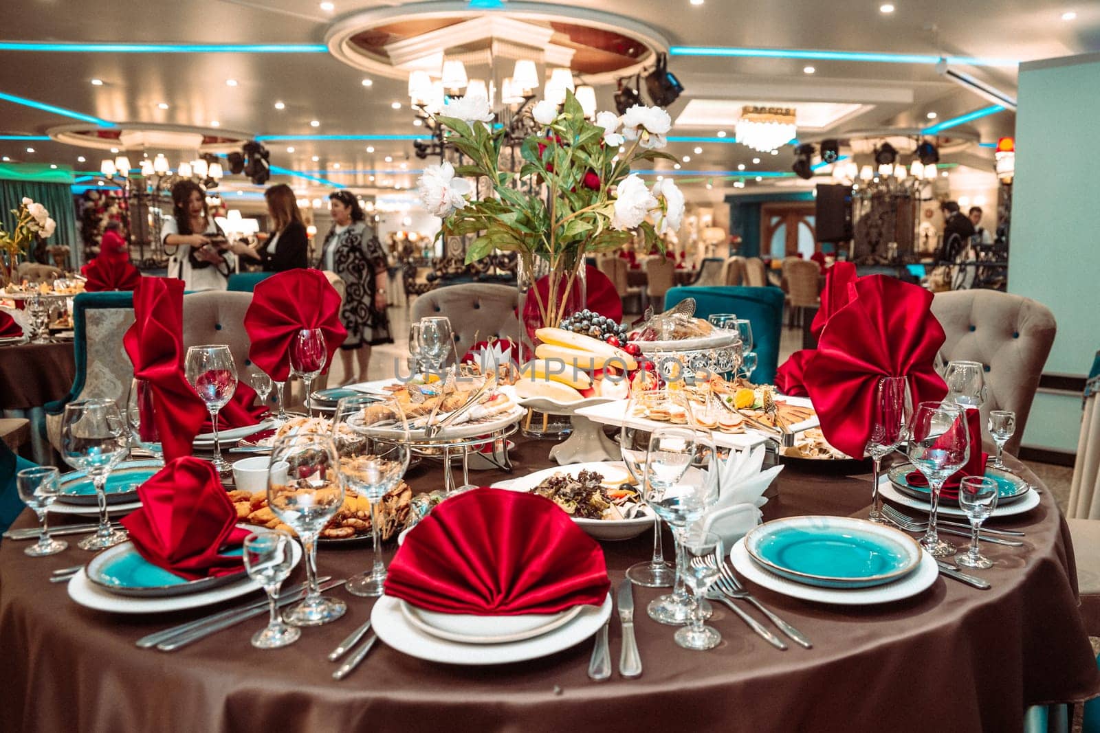 festive table in the restaurant with delicious dishes.