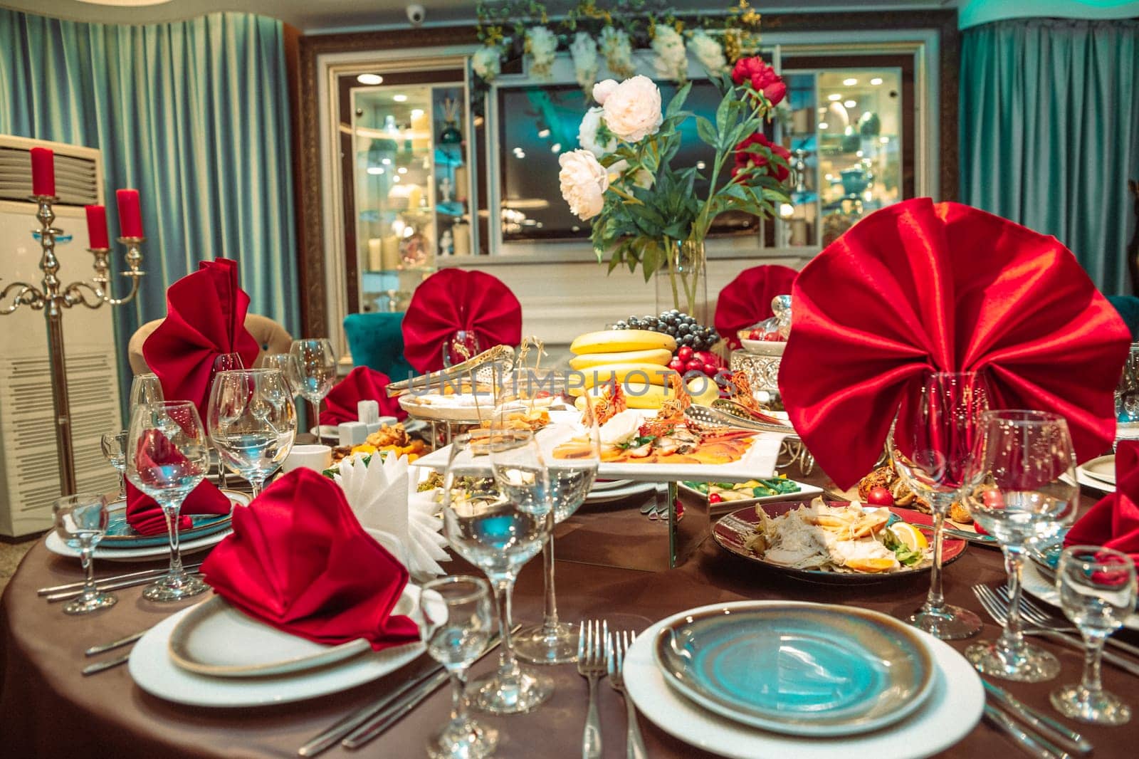 festive table in the restaurant with delicious dishes.