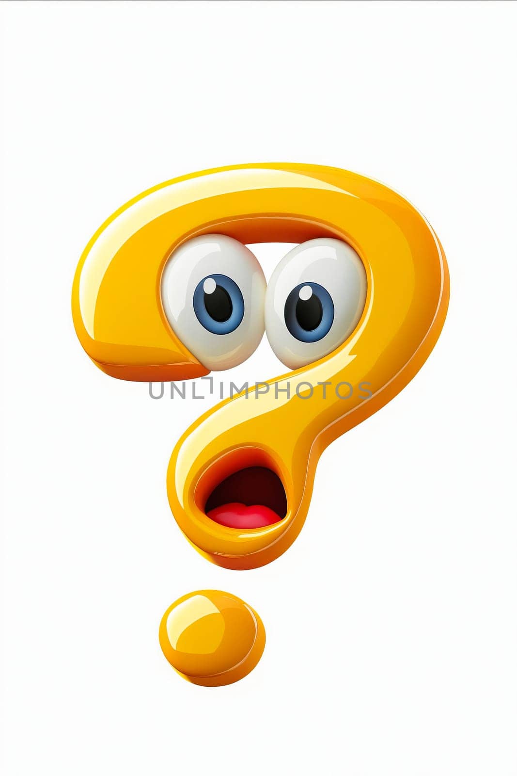 A yellow question mark with blue eyes and red lips. The eyes are wide open and the lips are open in a surprised expression. Generative AI