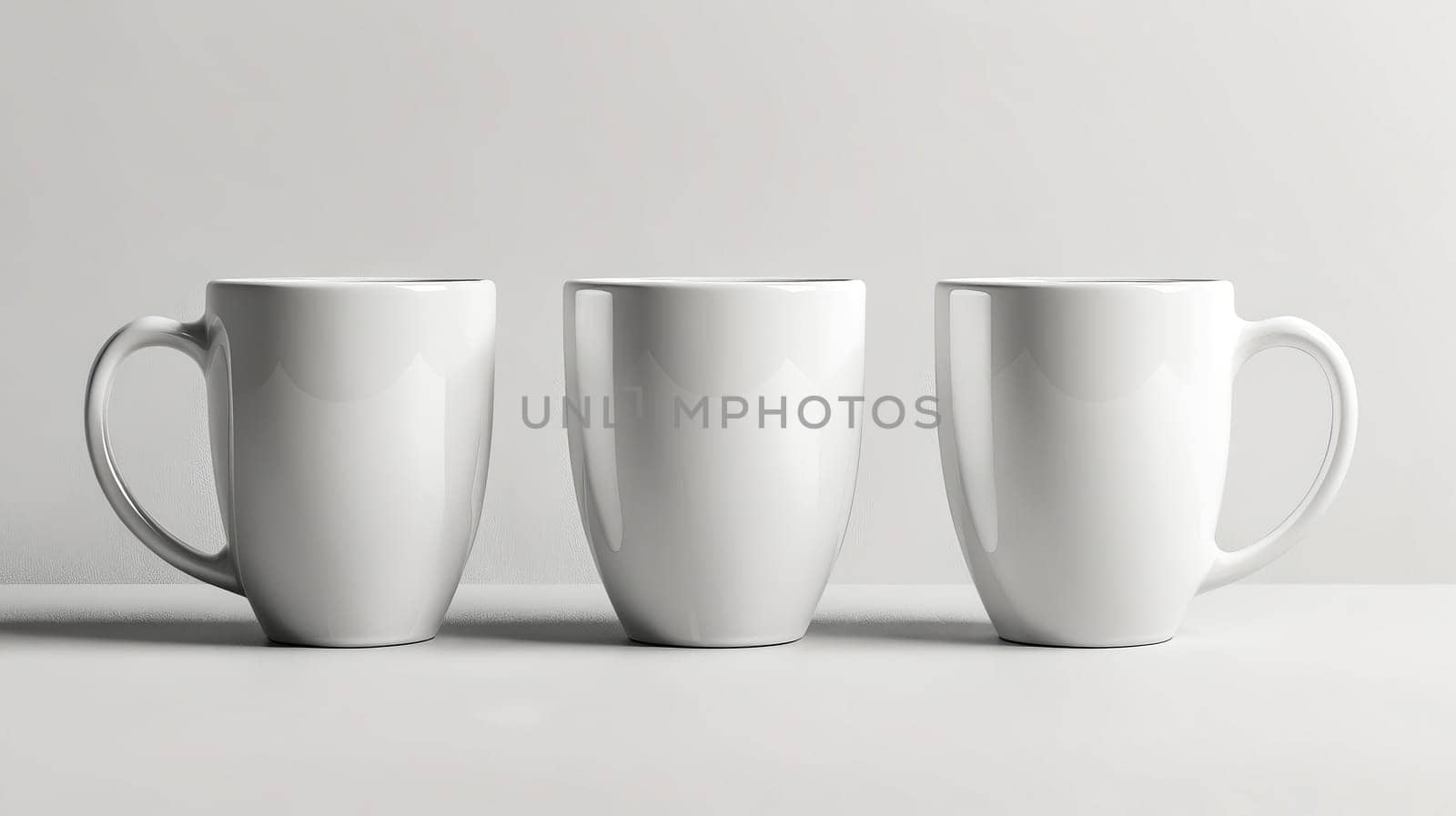 Three white cups are lined up on a table. The cups are empty and have no designs on them. Generative AI