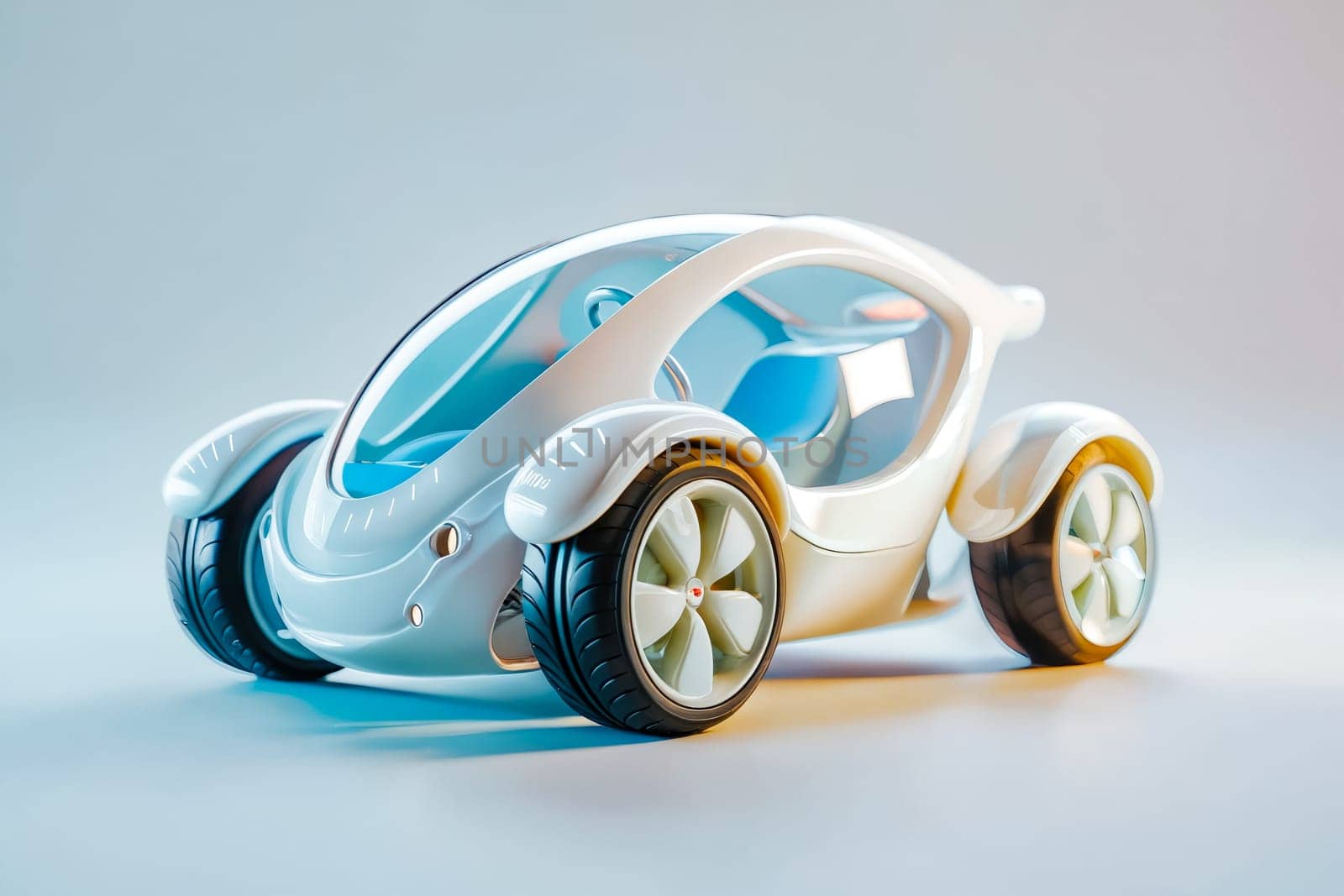 Small white car with blue wheels on white background. Generative AI.