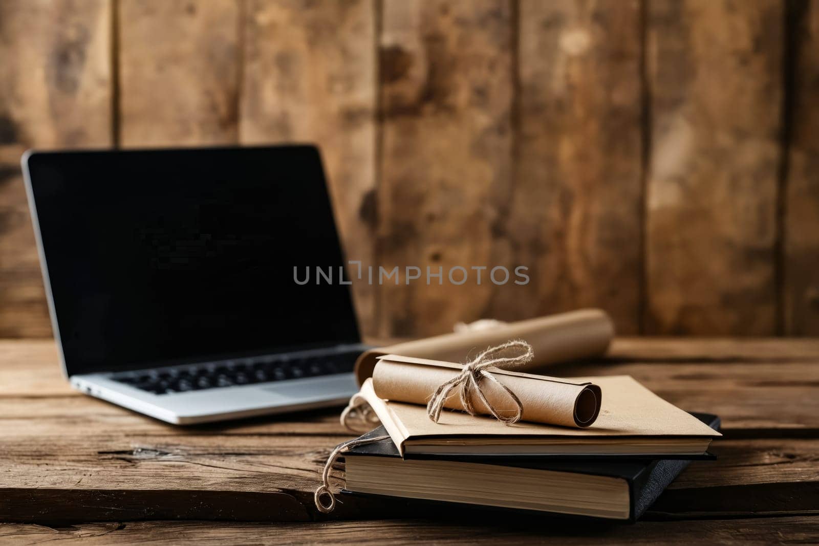 Laptop and books on wooden table. Generative AI.