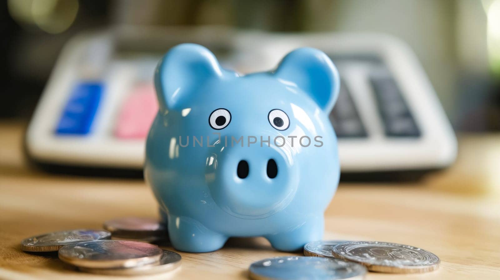 Blue piggy bank sits on top of coins. Generative AI.