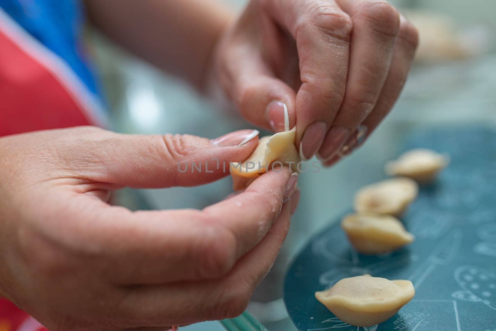 homemade cooking of dumplings with women's hands in the kitchen