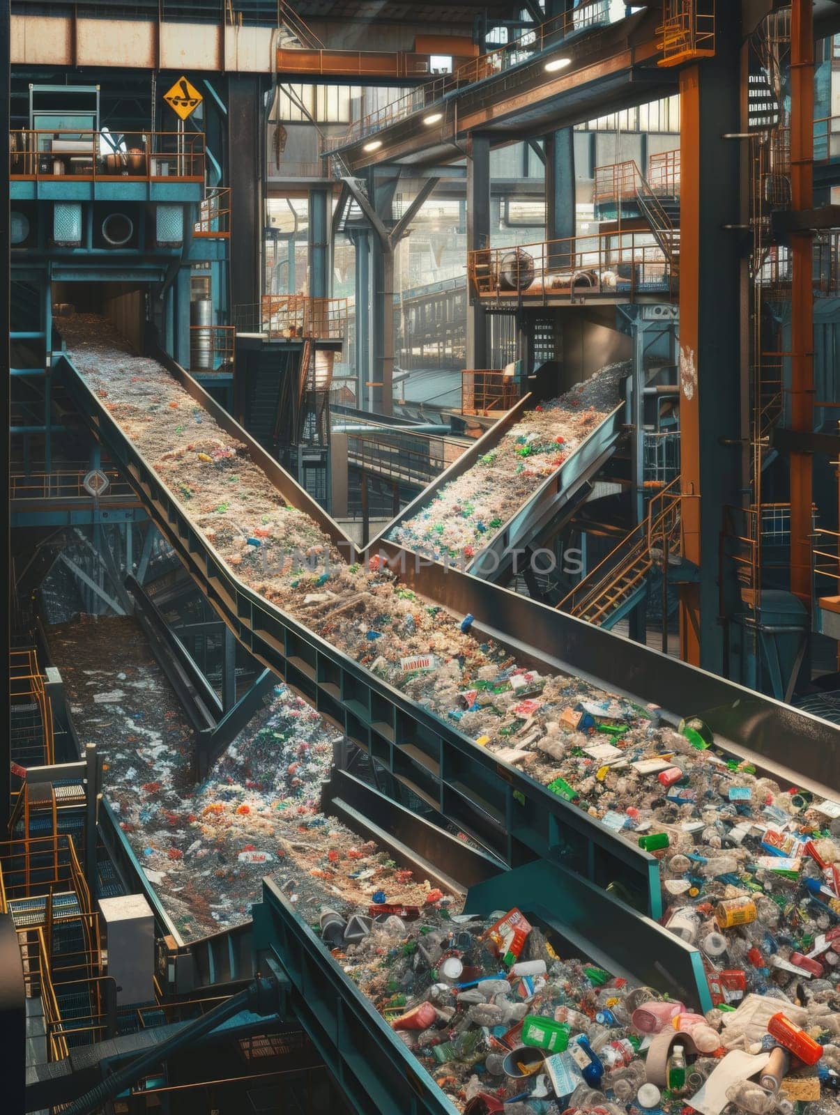 Overlooking the complex system of conveyor belts in a recycling facility sorting mountains of waste. by sfinks