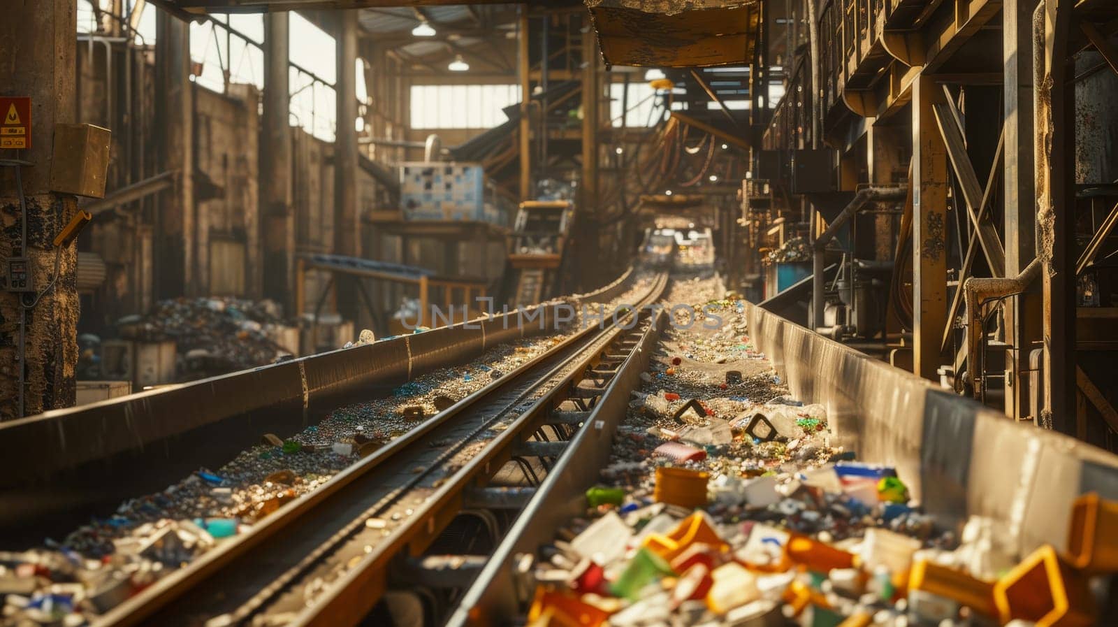 Warm sunset light casts over a recycling facility's conveyor belts laden with waste materials