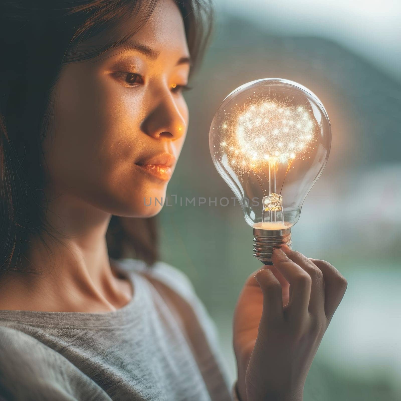 Close-up of a woman contemplating a glowing lightbulb, symbolizing thought and innovation