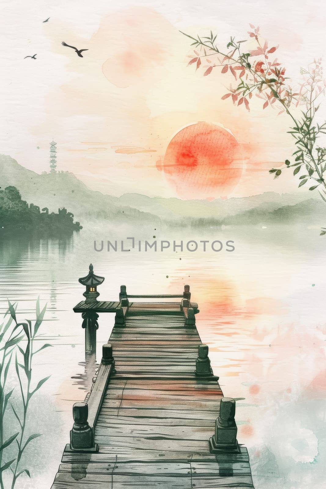 Serene lake at sunset with a dock, distant mountains, and Asian architecture, depicted in a watercolor painting. by sfinks