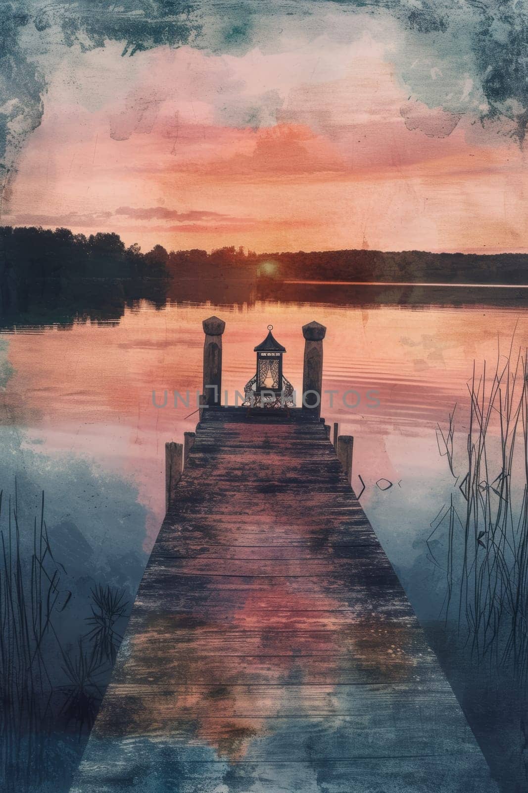 Calm sunset over a serene lake viewed from an old wooden pier with a solitary lantern. by sfinks