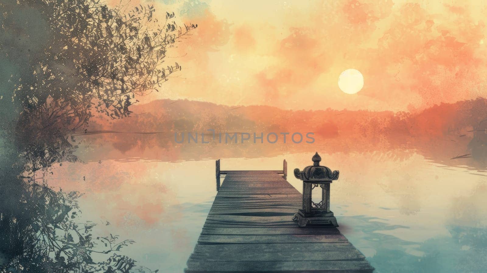 Calm sunset over a serene lake viewed from an old wooden pier with a solitary lantern. by sfinks