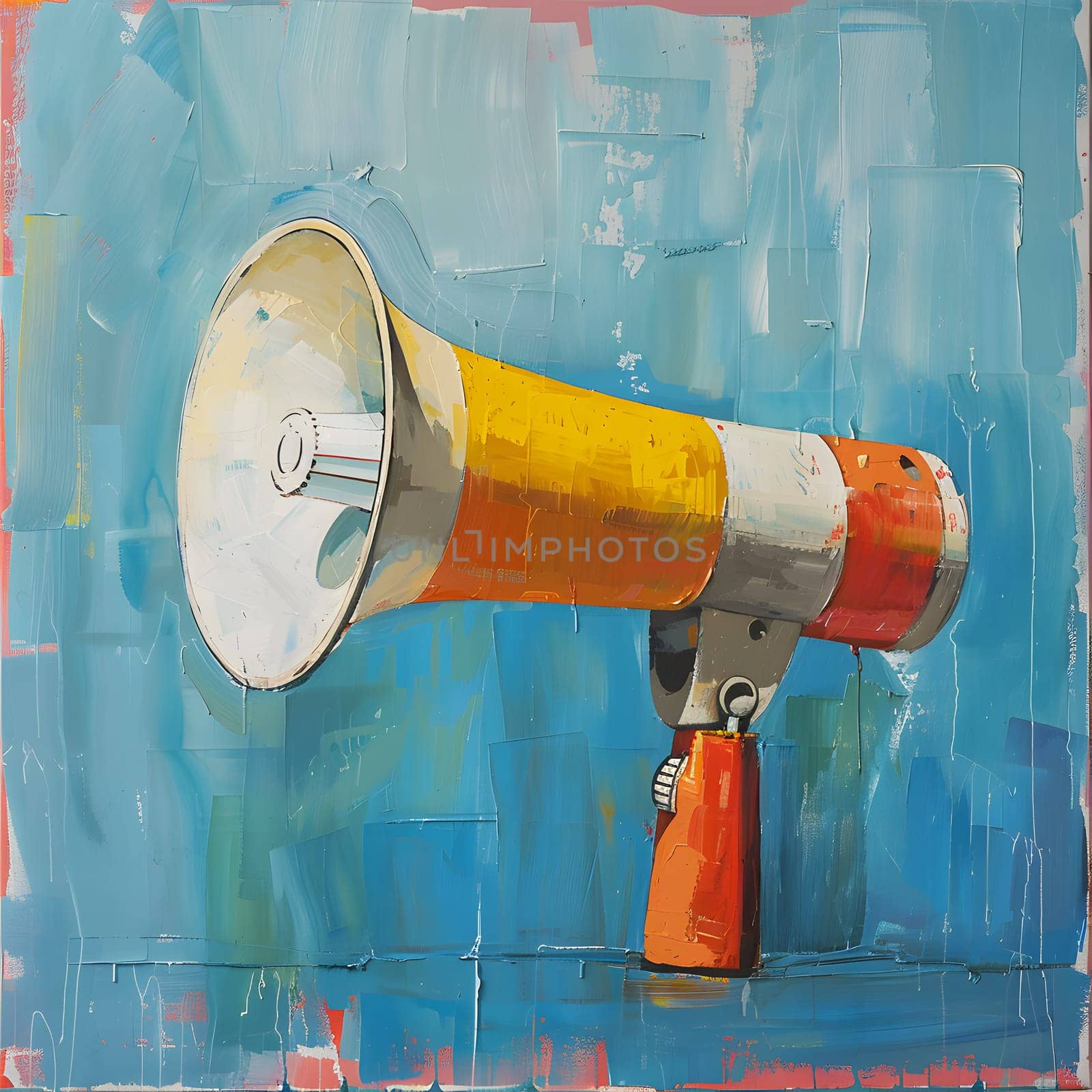 A fluid painting of a megaphone on a vibrant blue background, showcasing the artists creative vision through the use of color and illustration