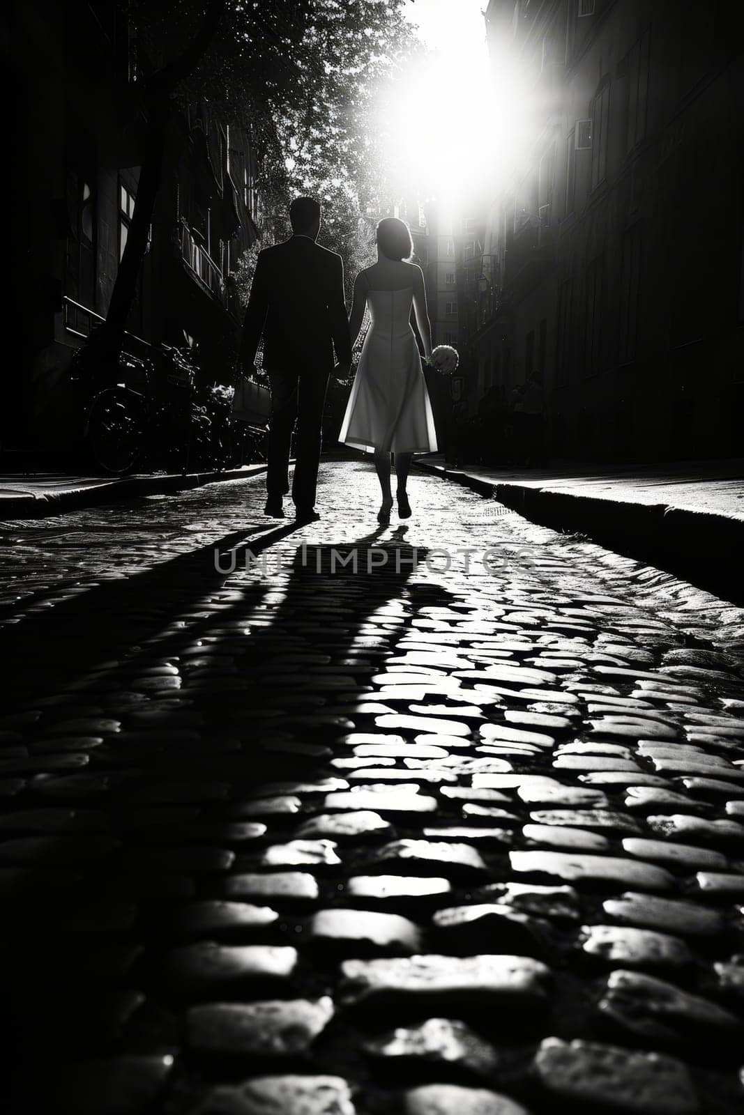 Silhouette of a couple walking hand in hand down a cobblestone alley at dusk, emanating romantic atmosphere. by sfinks