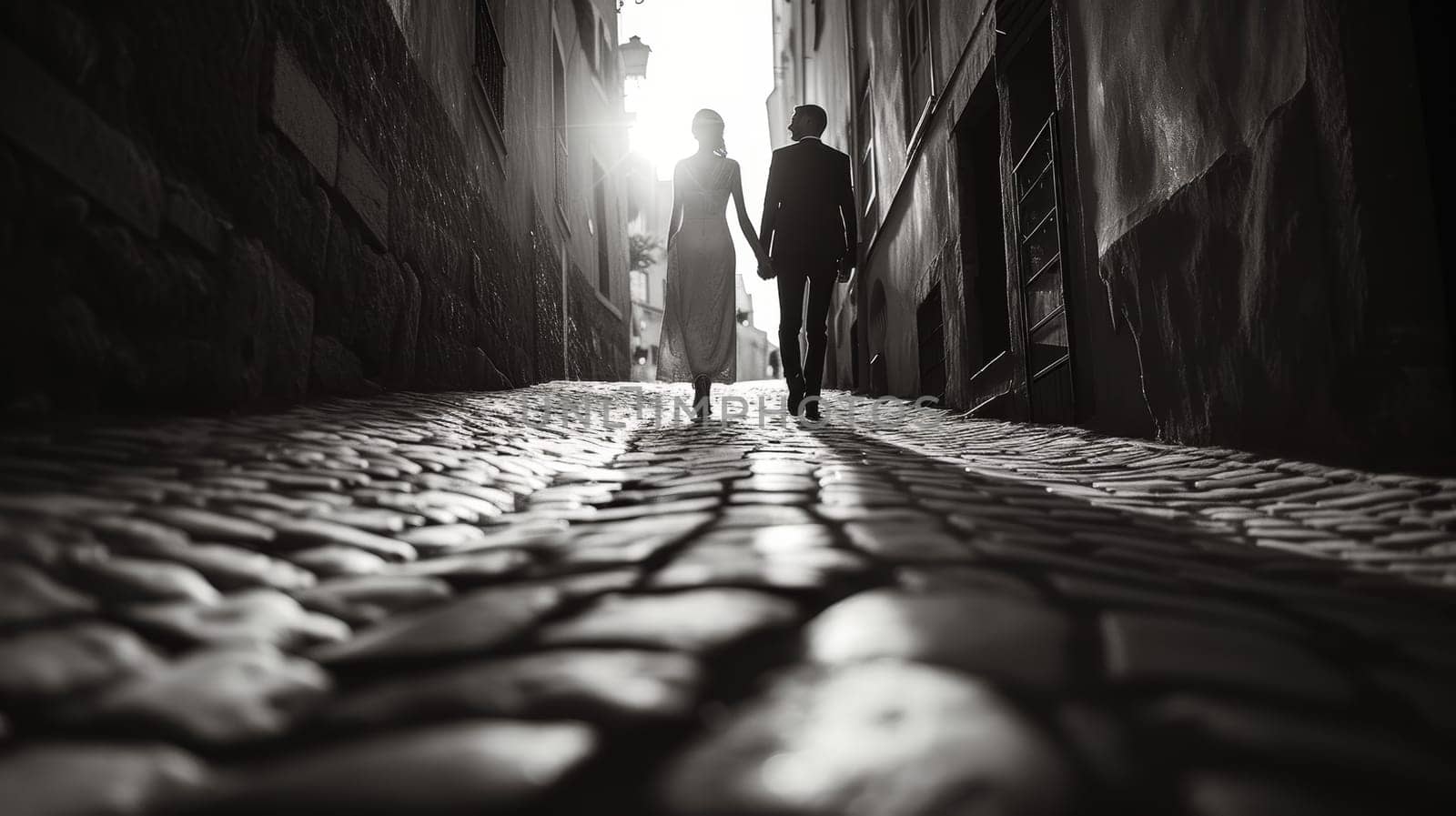 Silhouette of a couple walking hand in hand down a cobblestone alley at dusk, emanating romantic atmosphere