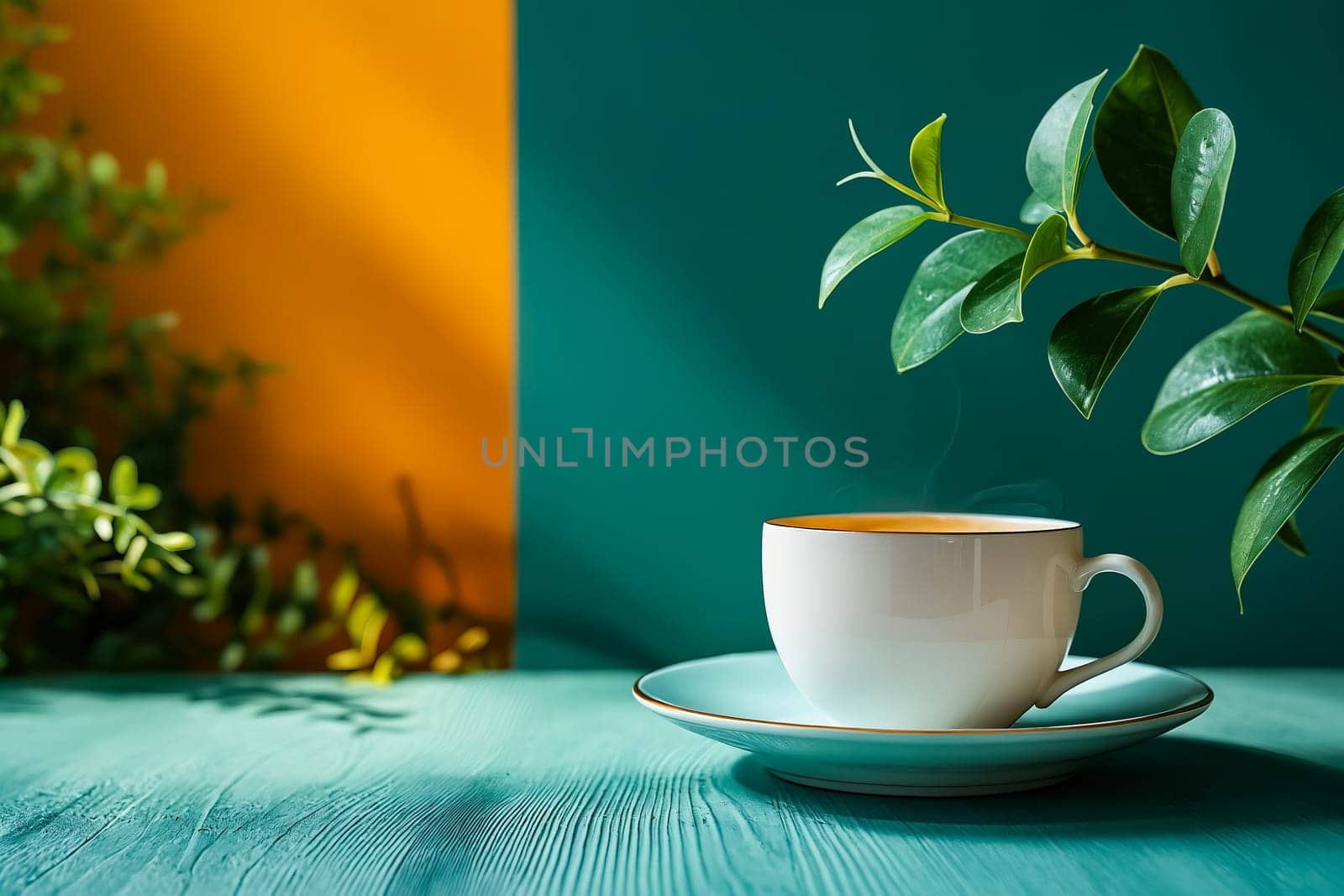 Cup of tea on wooden table next to plant. Generative AI.