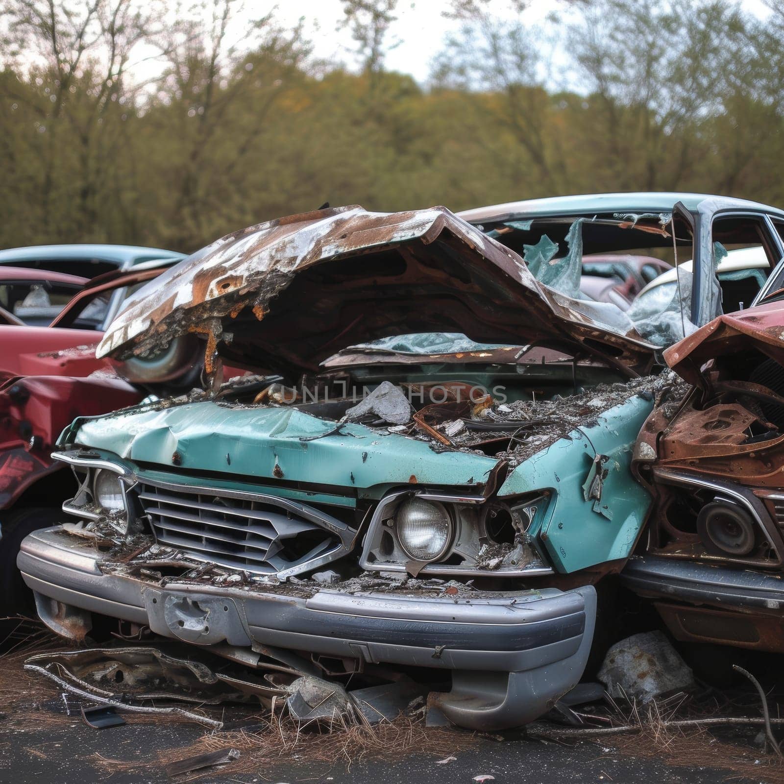 Old and rusted cars abandoned in the woods, slowly being reclaimed by nature