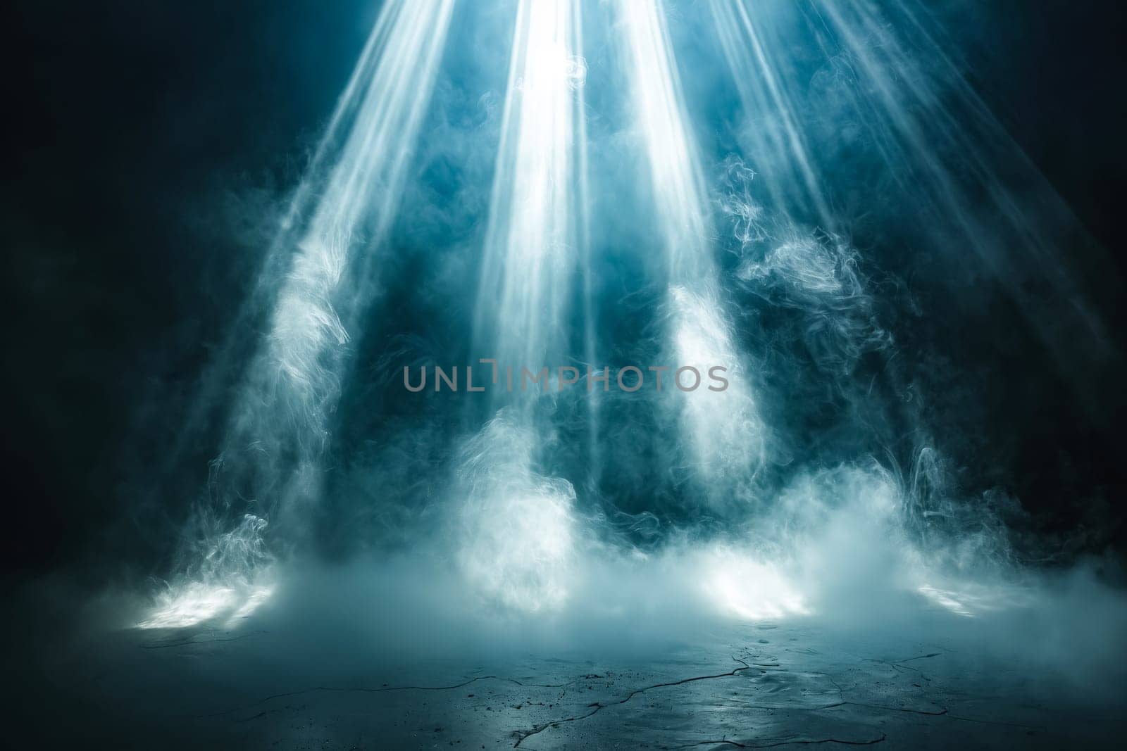 Dark room with light beams coming out of it. Generative AI.