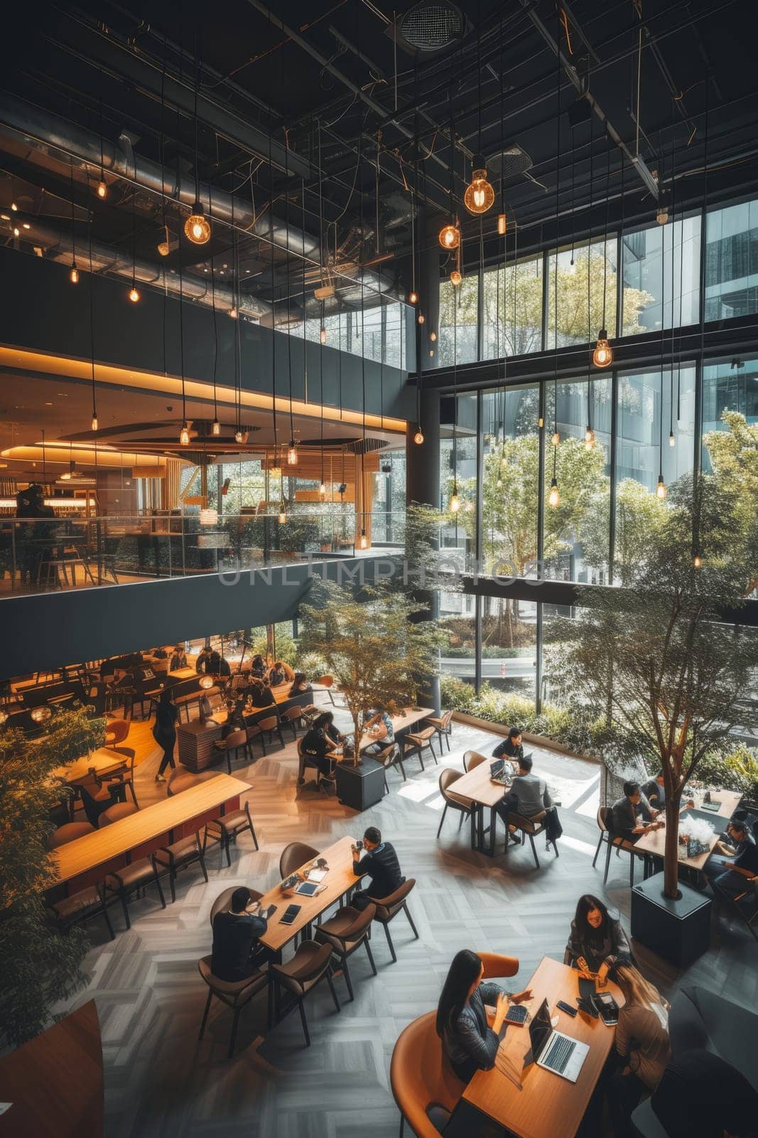 Bright and airy co-working space with individuals working at desks, surrounded by modern decor and hanging lamps. by sfinks