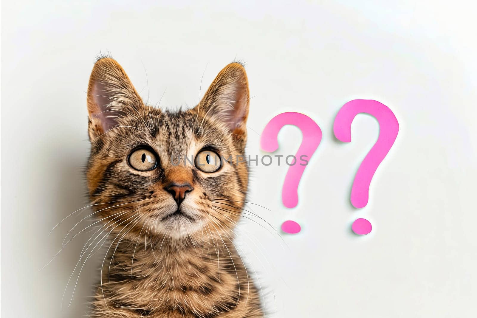 A cat is staring at the camera with a pink question mark behind it. Concept of curiosity and wonder, as the cat seems to be pondering the question posed by the question mark. Generative AI