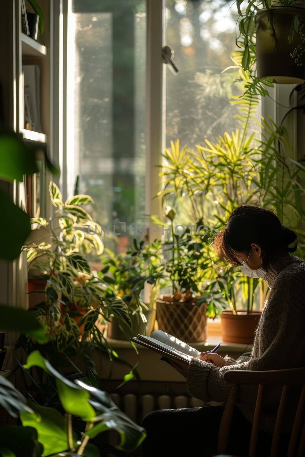 Person writing in a notebook surrounded by vibrant indoor plants, with sunlight streaming through the window