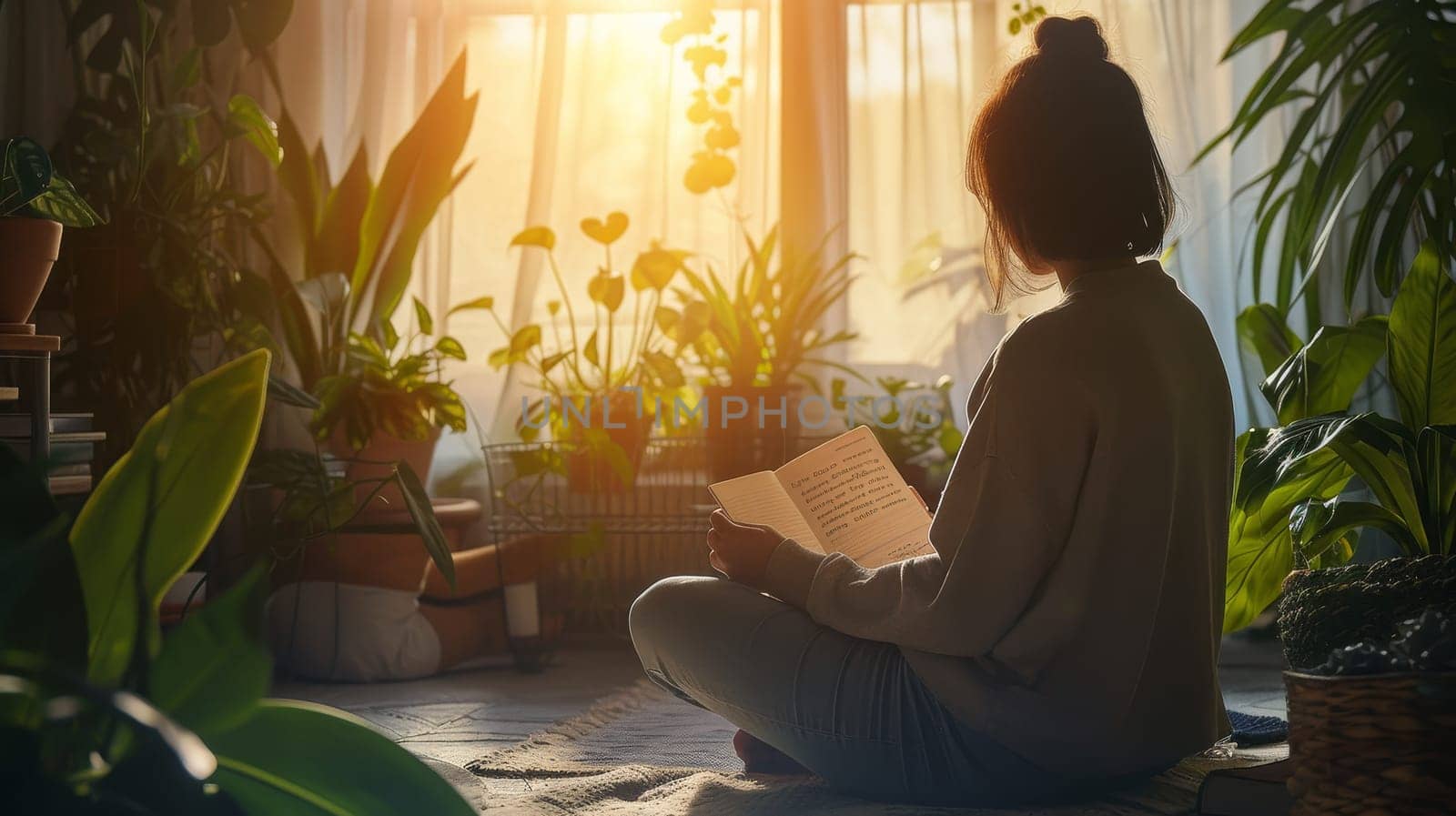 Individual reading amidst houseplants bathed in the warm glow of sunset, creating a tranquil home environment. by sfinks