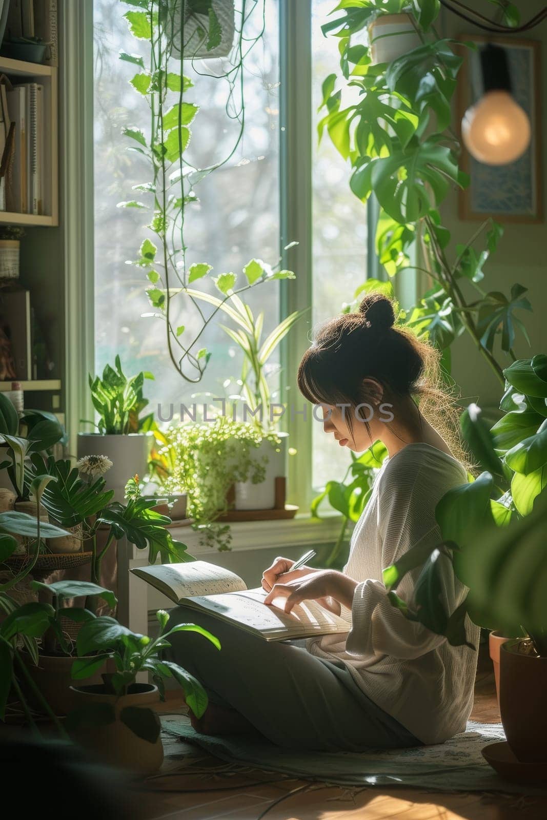 Person writing in a notebook surrounded by vibrant indoor plants, with sunlight streaming through the window