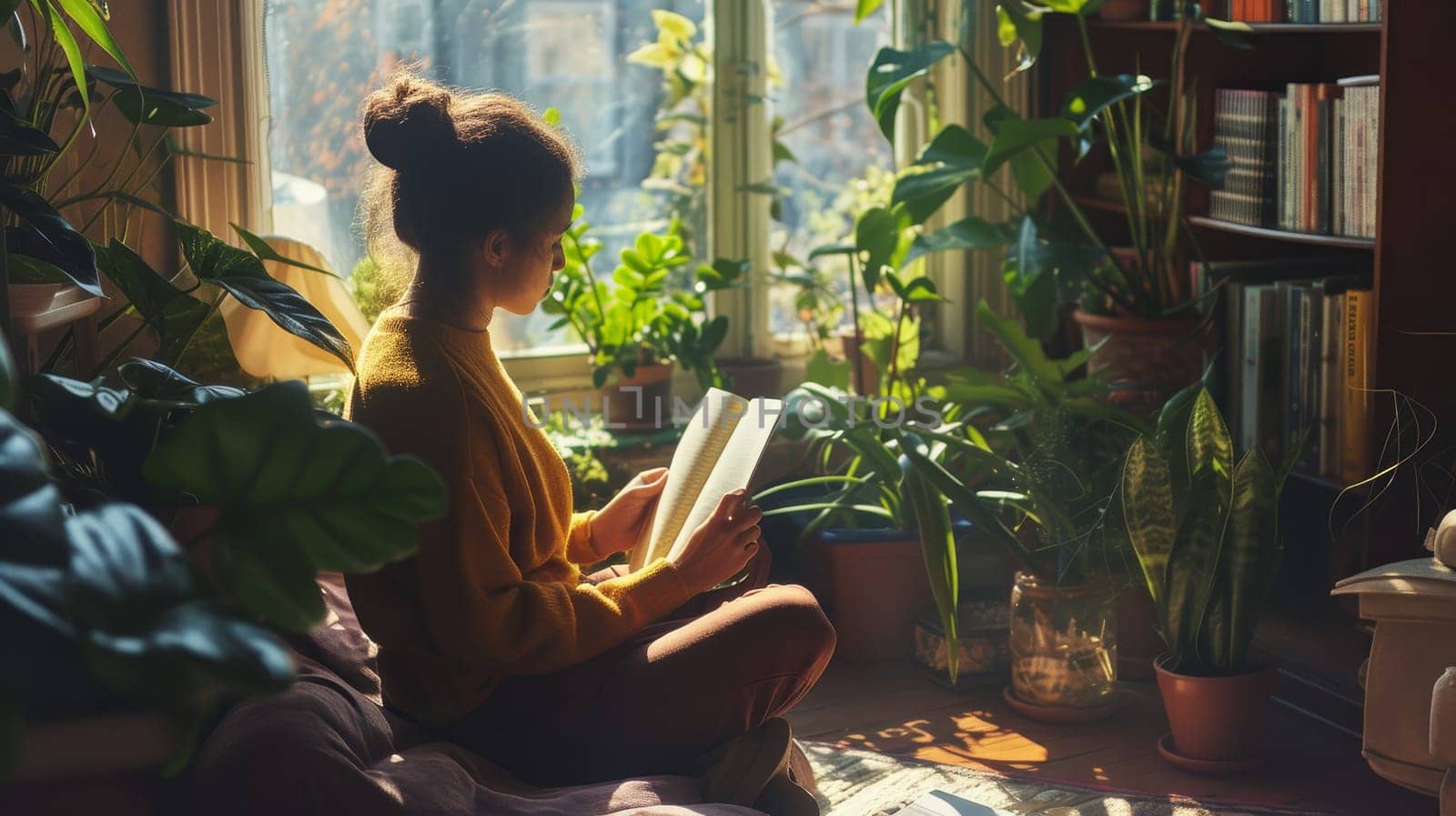 Young woman engrossed in a book, surrounded by the lush greenery of her sunny indoor garden