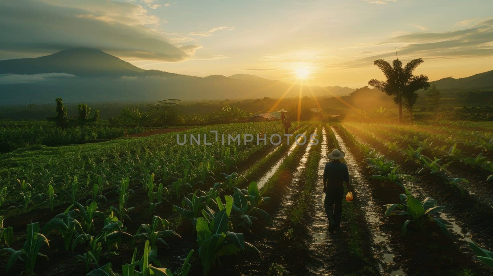 Farmers working the land during sunrise, with rays of light piercing through the mountainous backdrop on a lush farm
