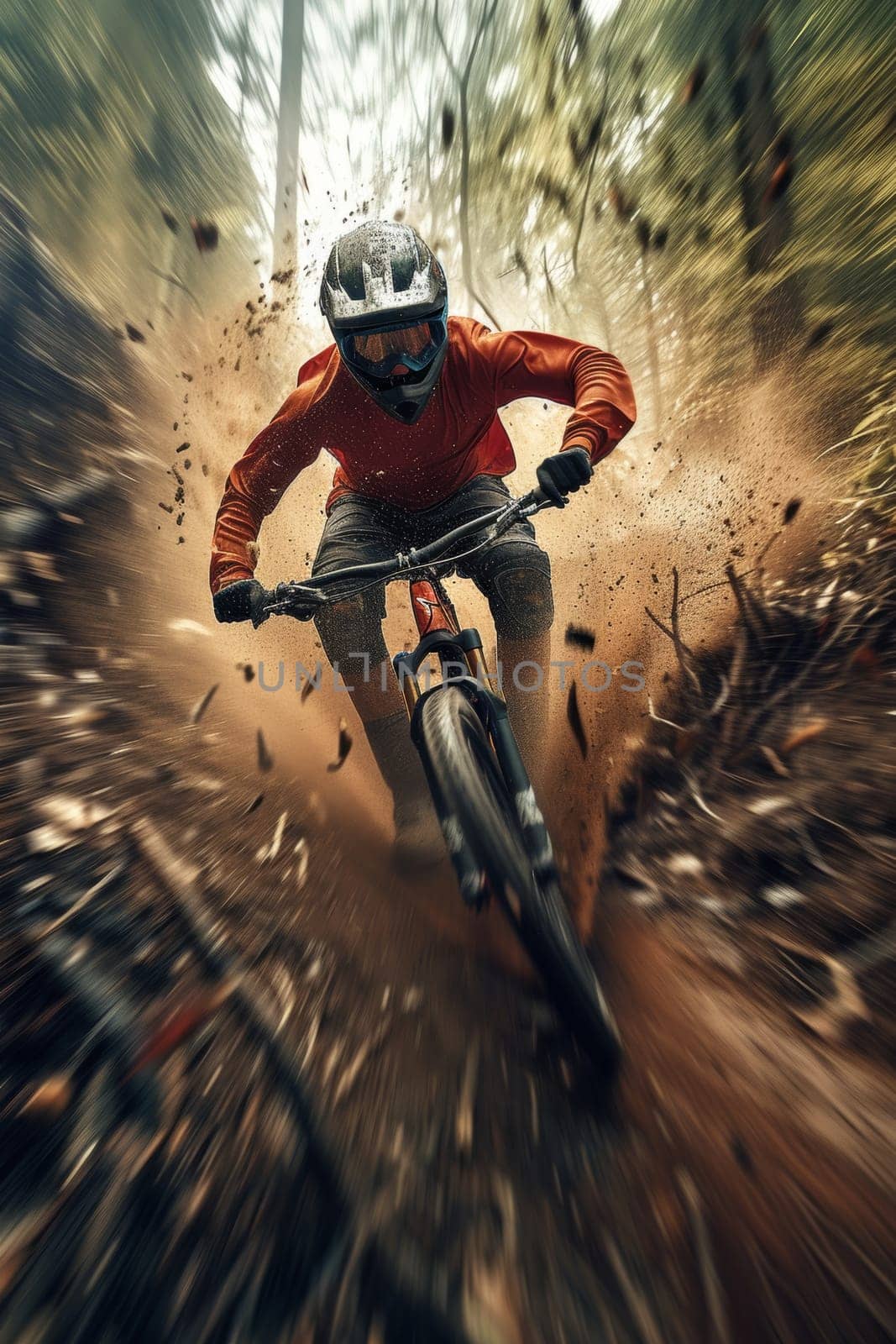 Mountain biker in action, speeding down a dirt trail in a sun-dappled forest, showcasing dynamic motion and sport