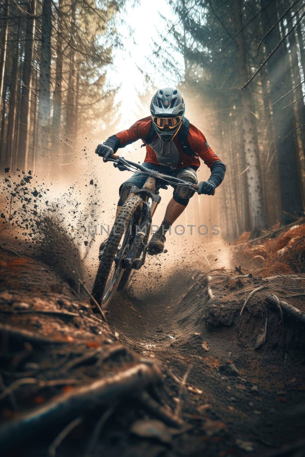 Mountain biker in action, speeding down a misty forest trail with focus and determination. by sfinks