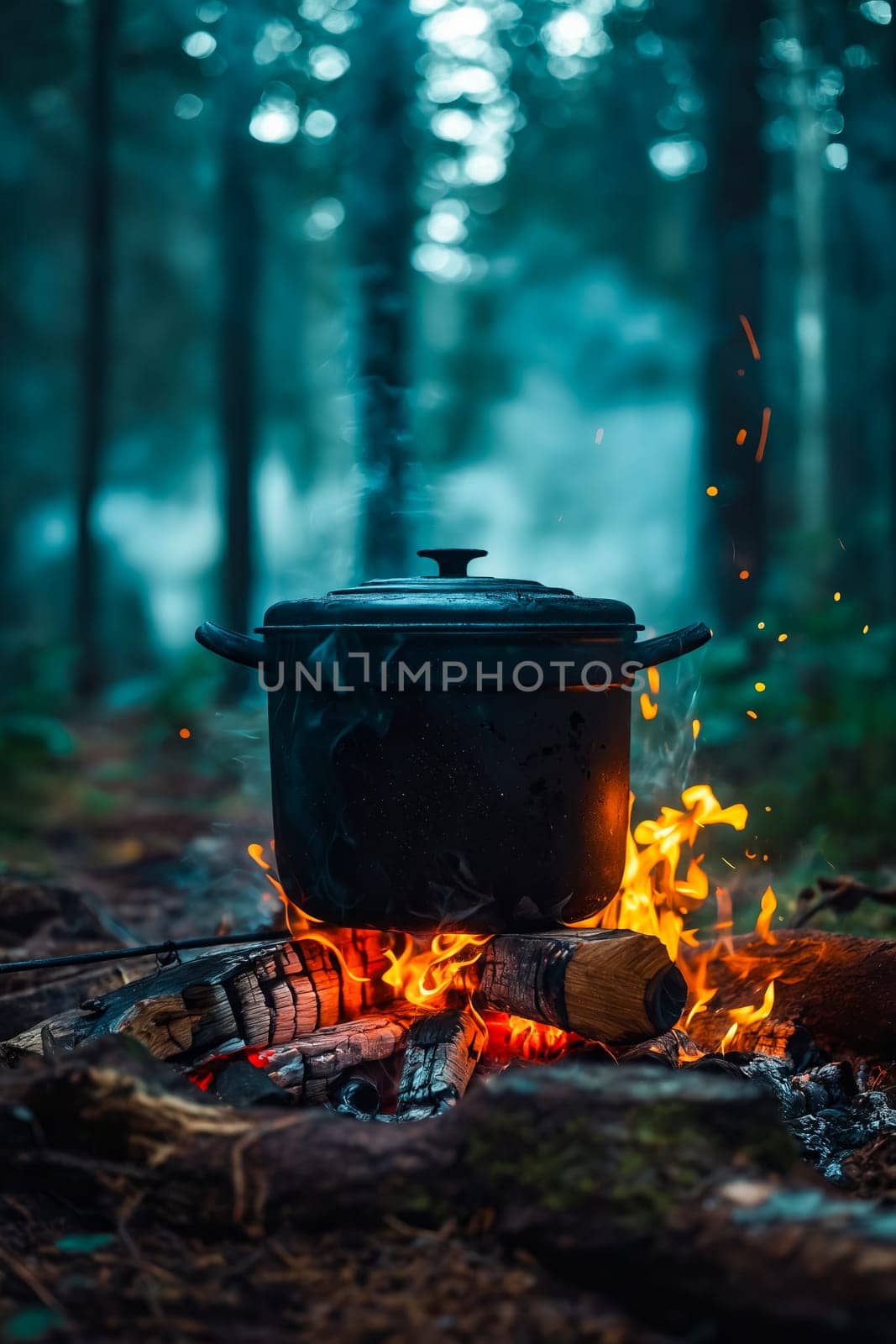 Pot on fire in the woods. Generative AI.