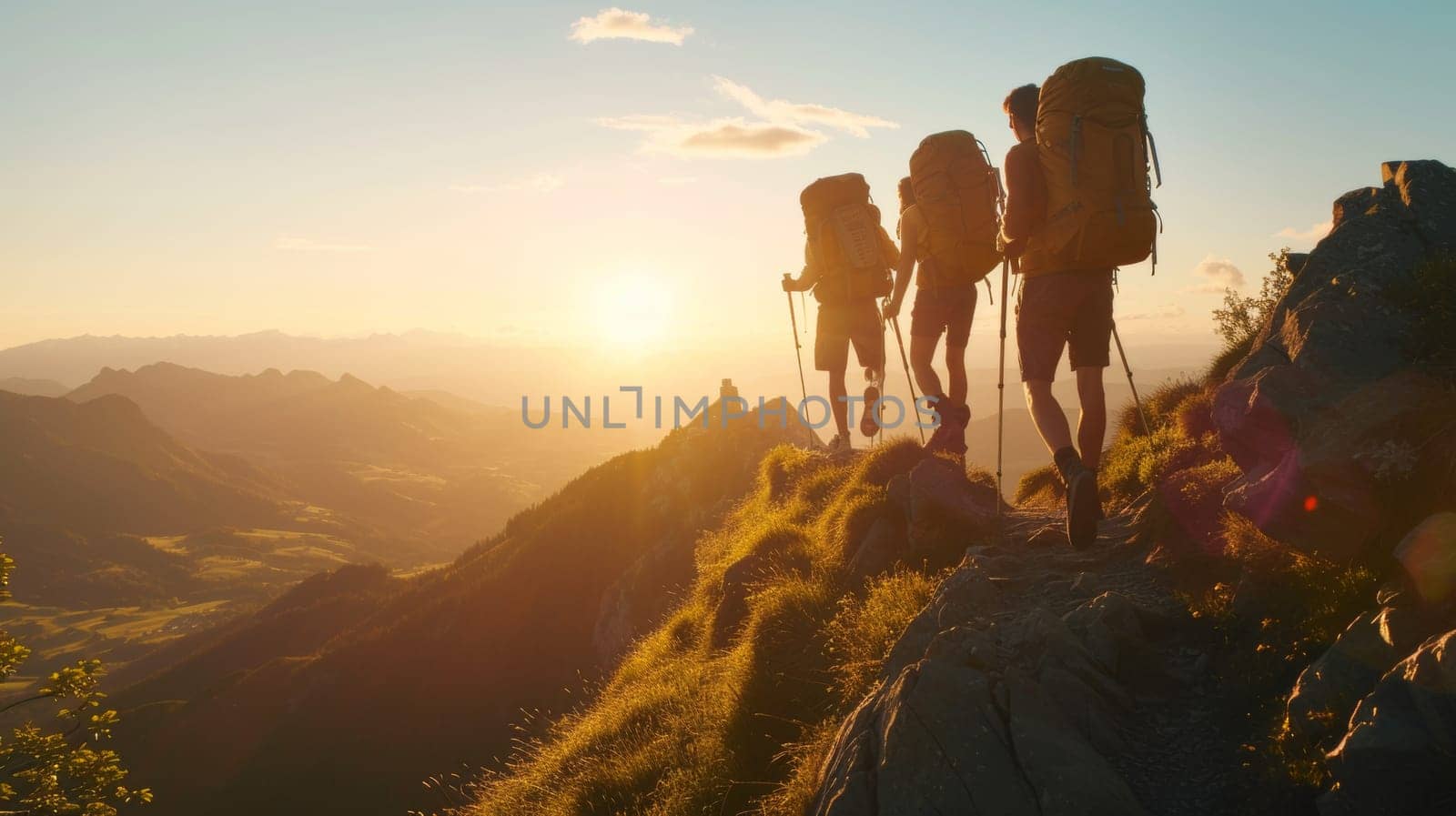 Silhouetted hikers stand on mountain summit with a stunning sunset backdrop