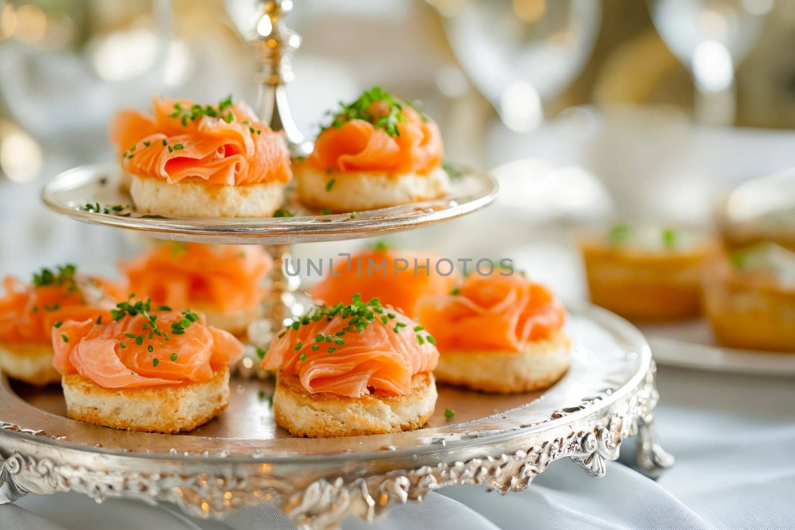 Tray of salmon appetizers on table. Generative AI.