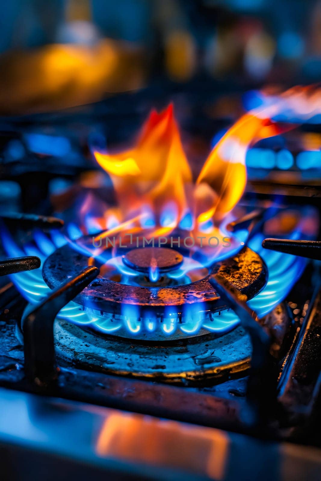 Close up of gas stove with flames. Generative AI.