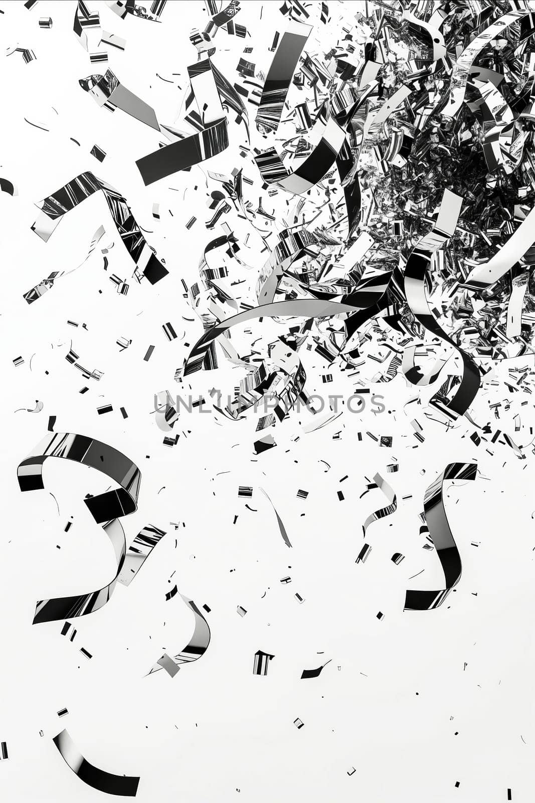 A black and white photo of confetti falling in the air. Concept of celebration and joy, as the confetti represents a moment of happiness and excitement. The falling confetti creates a dynamic. Generative AI
