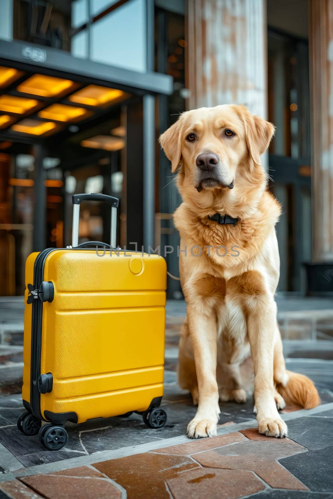 Dog sitting next to yellow suitcase. Generative AI.