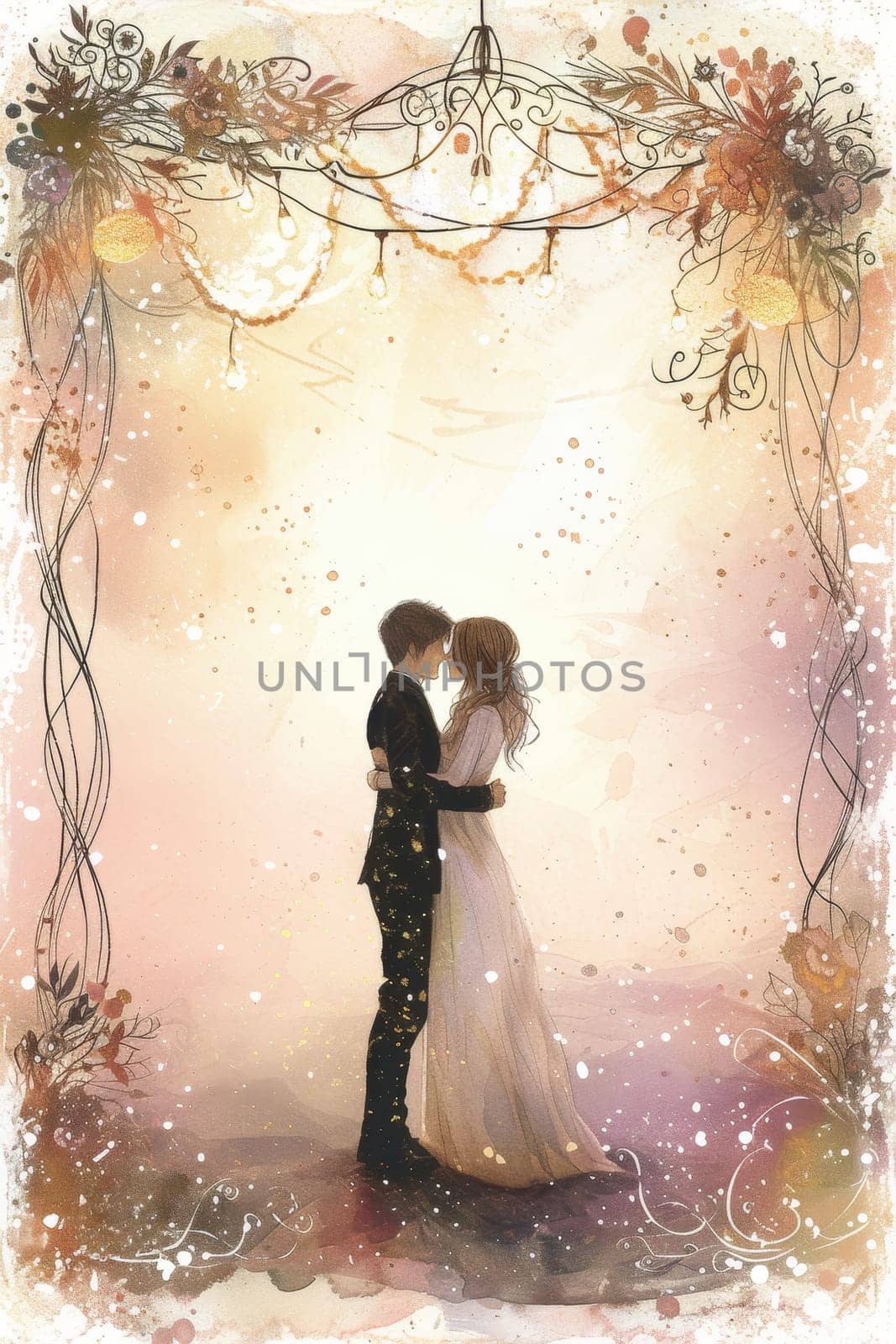 Silhouette of a couple embracing in a watercolor-inspired scene with whimsical florals