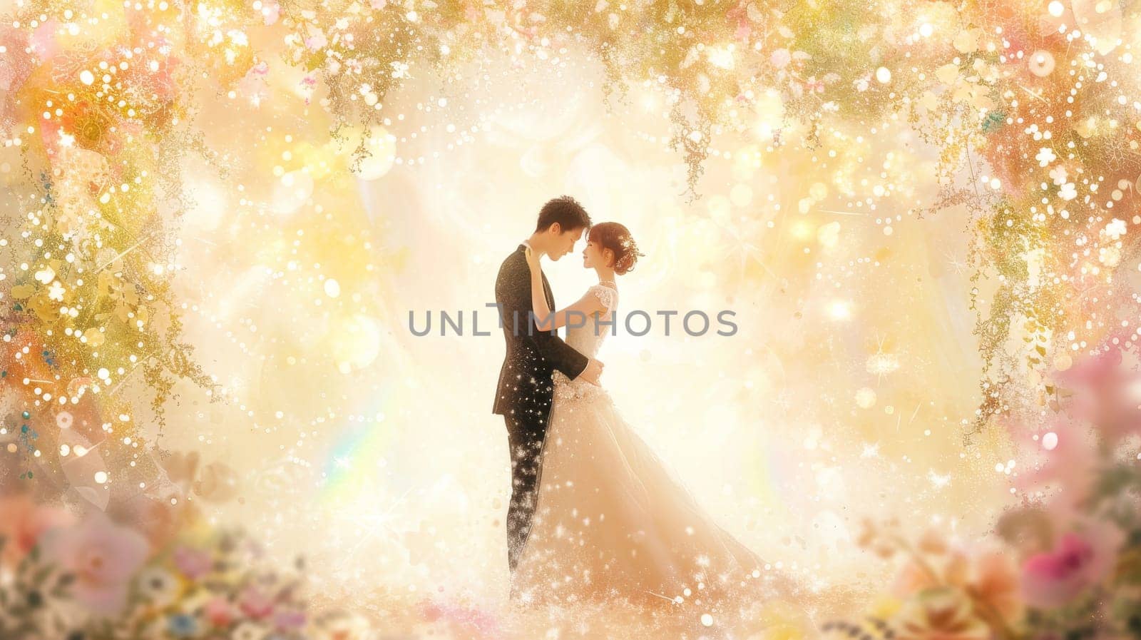 Illustration of an enchanted embrace between a couple surrounded by a floral fantasy