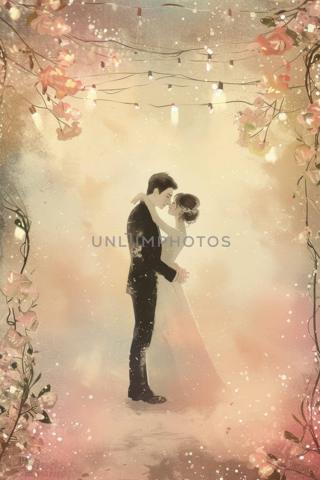 Illustration of an enchanted embrace between a couple surrounded by a floral fantasy