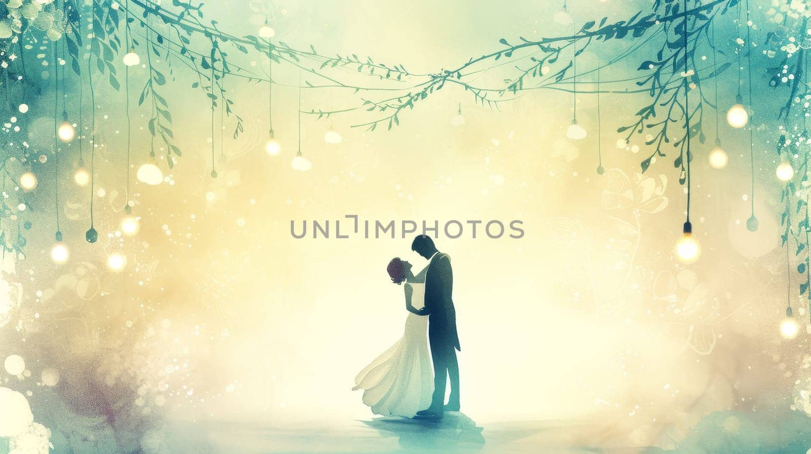 Silhouette of a couple sharing a romantic moment under a whimsical string of lights. by sfinks