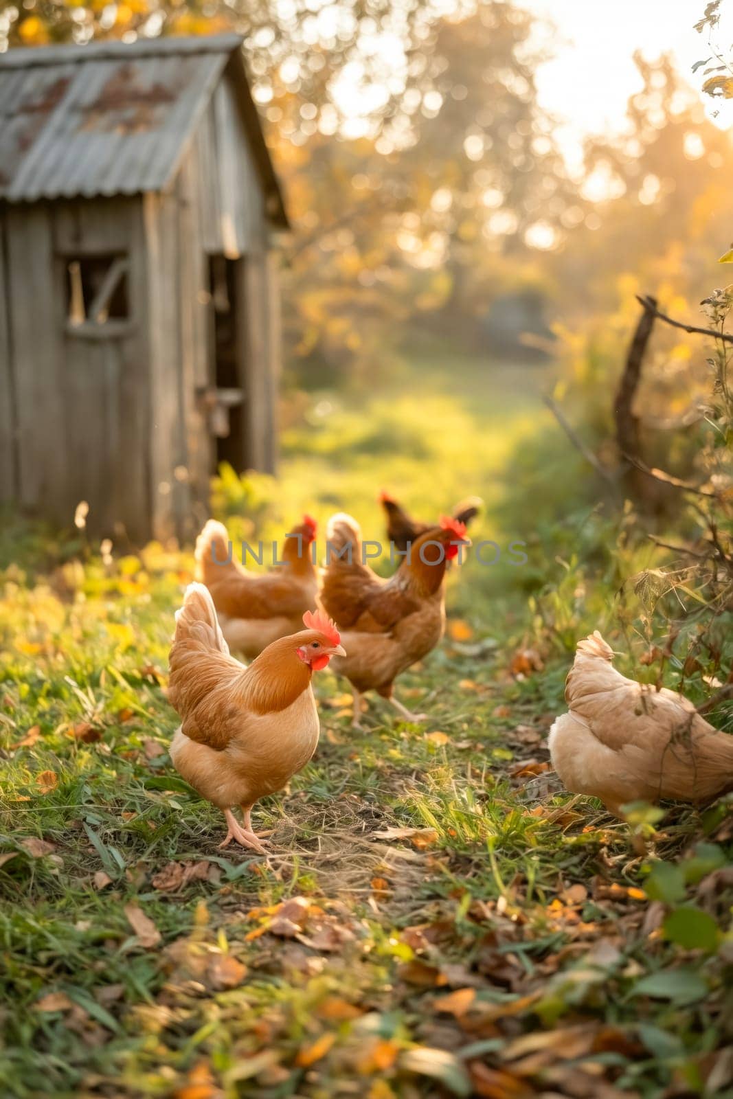 Chickens walking in the grass near barn. Generative AI.