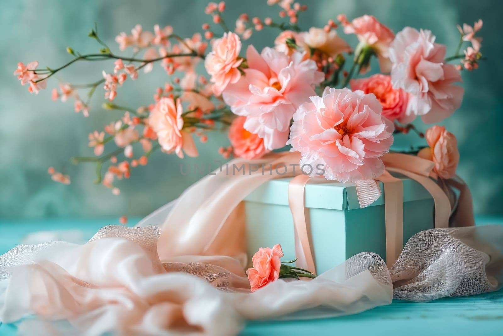 Gift box with flowers and ribbon on blue table. Generative AI.