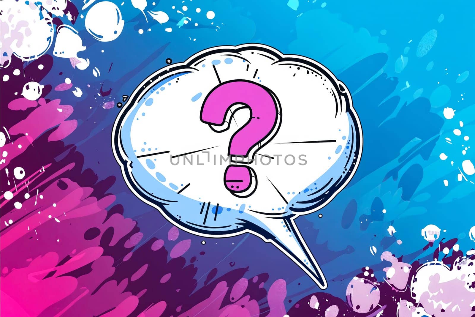 A cartoonish drawing of a question mark with a cloud in the background. Scene is playful and whimsical. Generative AI
