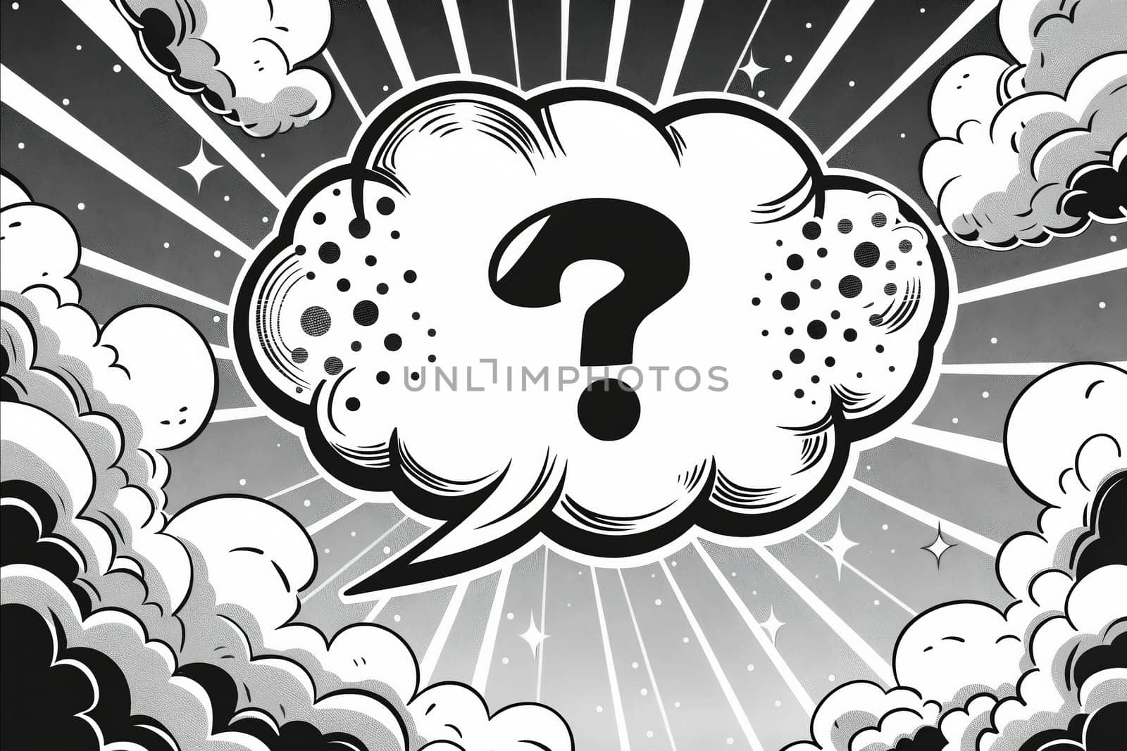 A cartoon drawing of a cloud with a question mark in the middle. The drawing is black and white and has a moody, mysterious feel to it. Generative AI