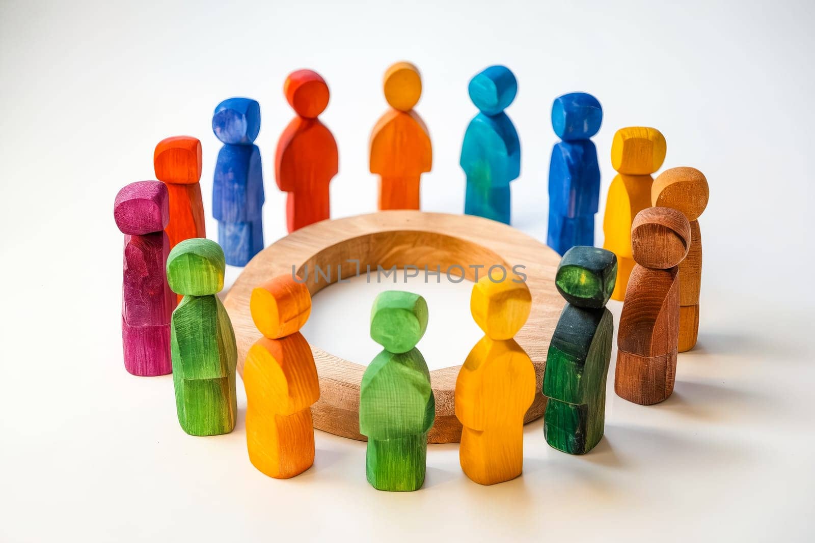 Group of colorful wooden people in circle. Generative AI.