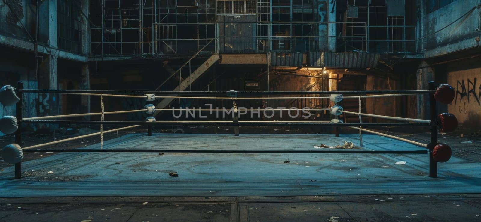 Abandoned industrial space bathed in sunlight streaming through large windows, with graffiti walls. by sfinks