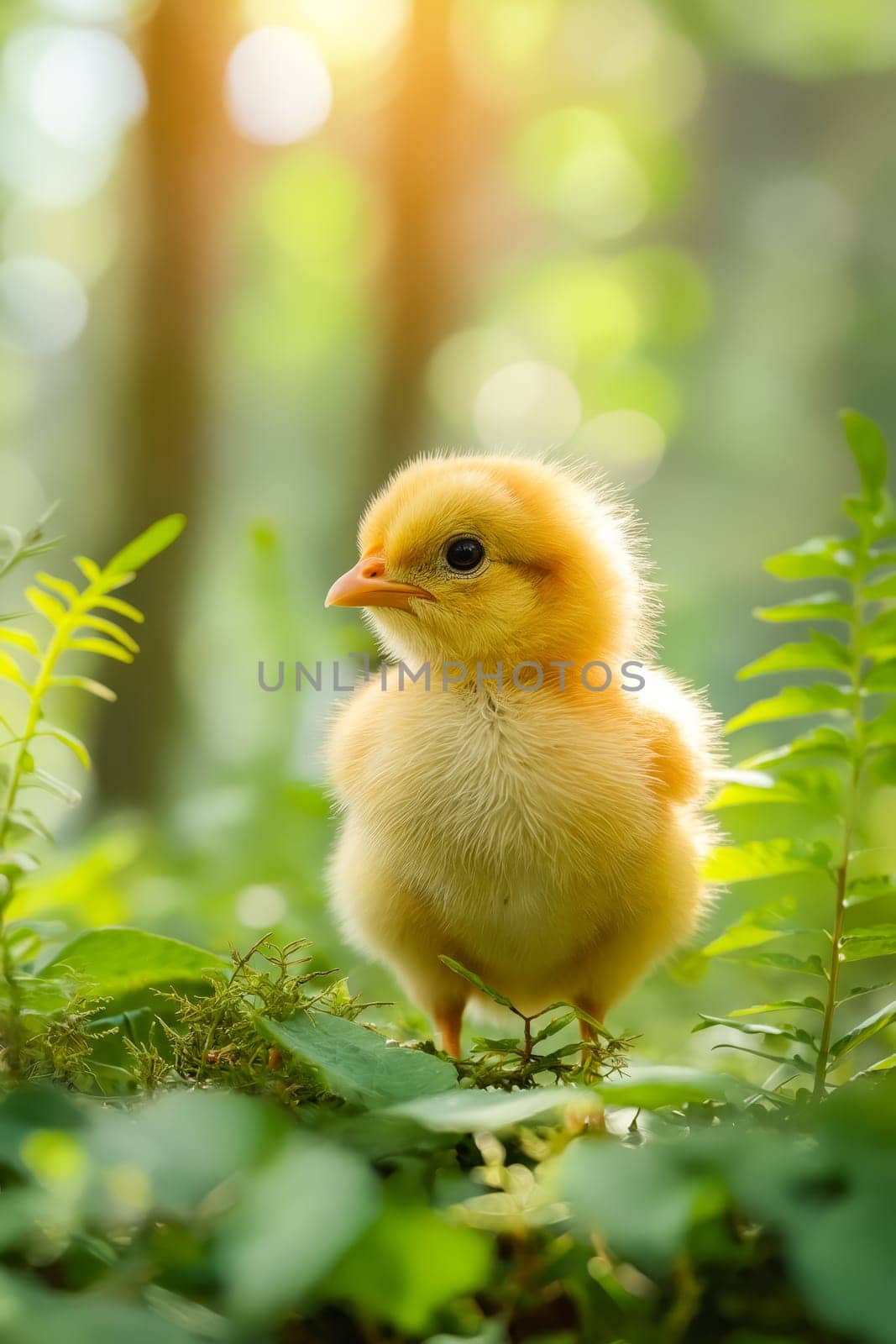 Small yellow chicken standing in the forest. Generative AI.