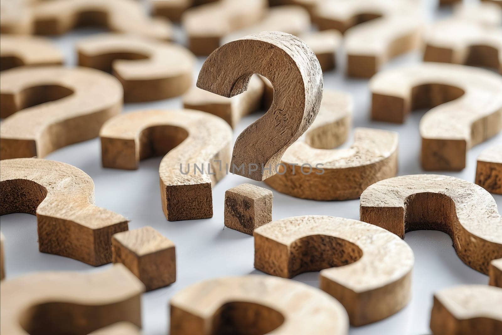 A bunch of wooden question marks are scattered across a white background. Concept of curiosity and uncertainty, as the question marks are not arranged in a clear pattern or order. Generative AI