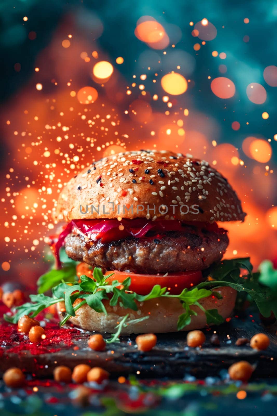 Burger with vegetables and beans on black background. Generative AI.