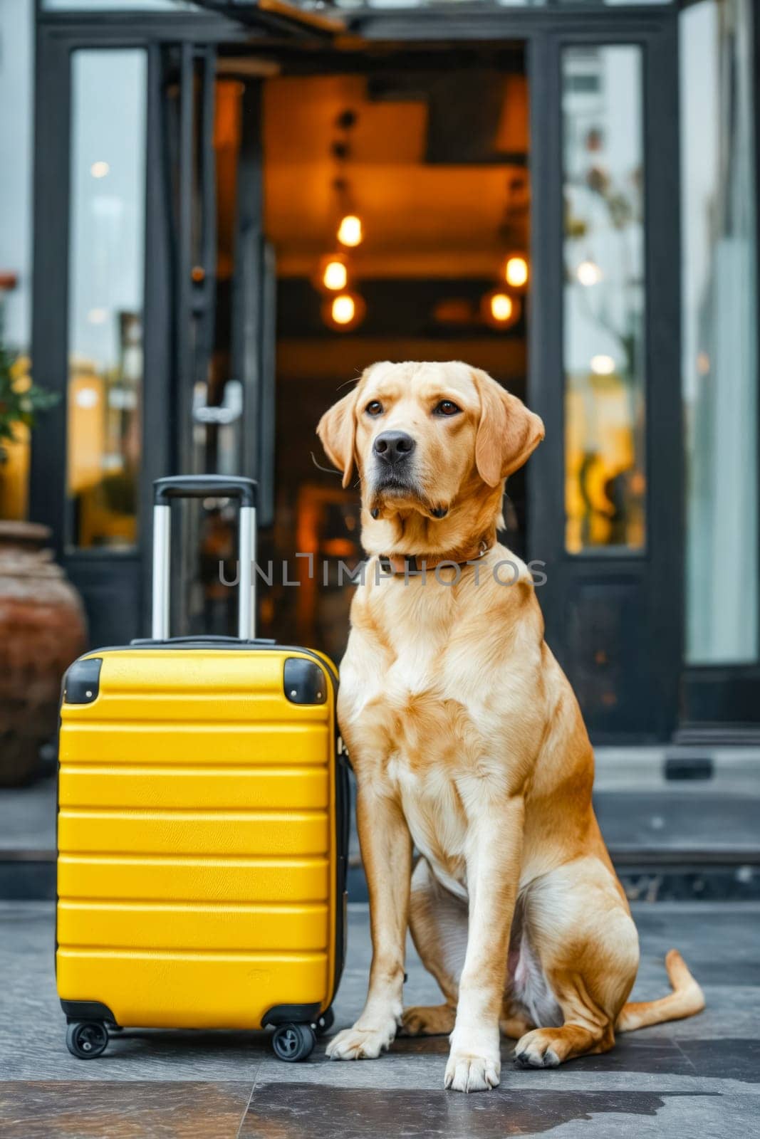Dog sitting next to yellow suitcase. Generative AI.