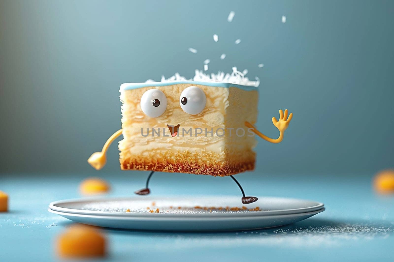 A piece of cake with a funny face, arms and legs runs off the plate. Cartoon character of a piece of cake. Cartoon 3D style. Sweets, baking, holiday concept. Generated by artificial intelligence by Vovmar